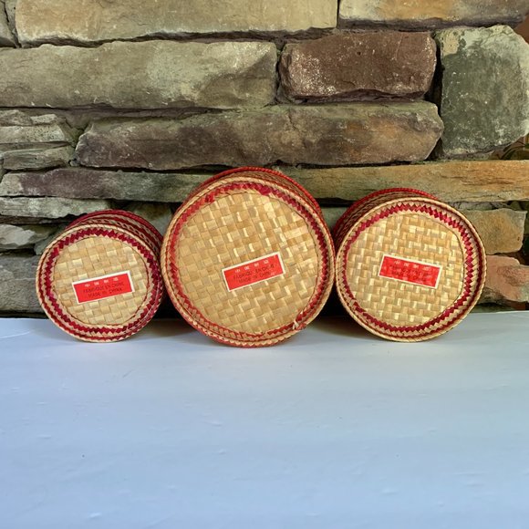 3 Box Set Baskets Red Stacking Graduated Dog Motif Boho Storage Decor Organizing - Picture 12 of 16